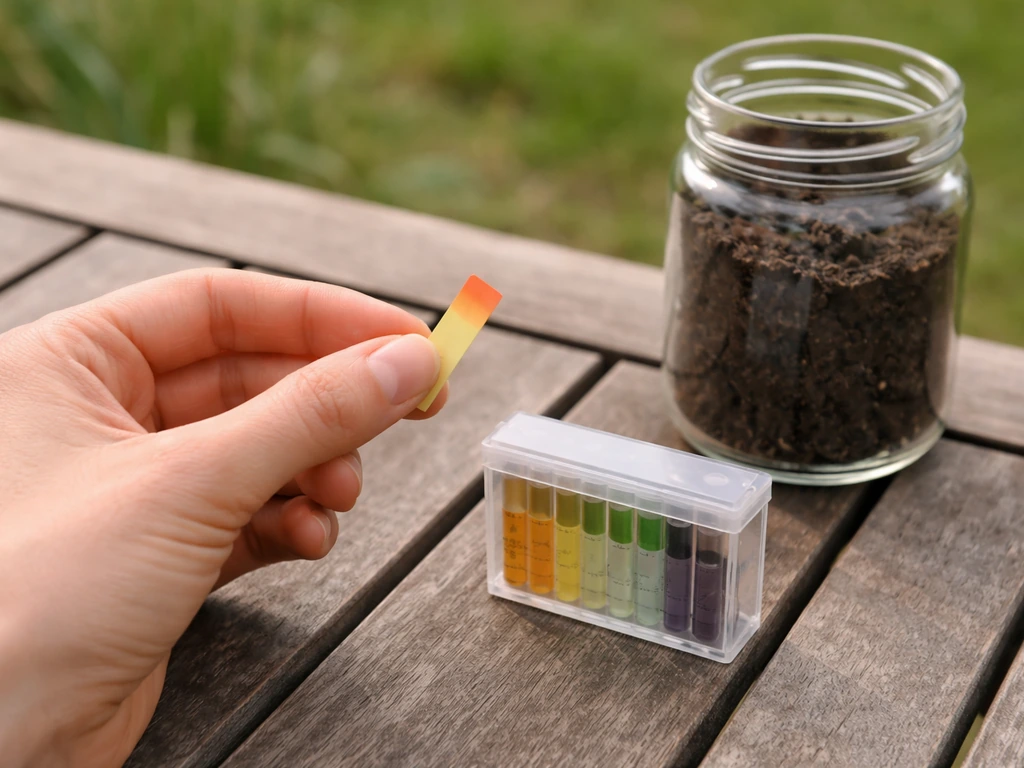 Testeur de pH du sol enfoncé dans la terre, bandelette de test lisible, pot de terre et outils simples