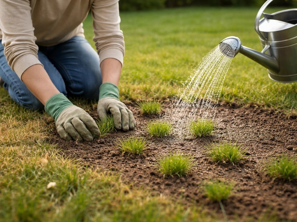 Personne au jardin repiquant un gazon clairsemé et arrosant immédiatement une zone qui jaunit.
