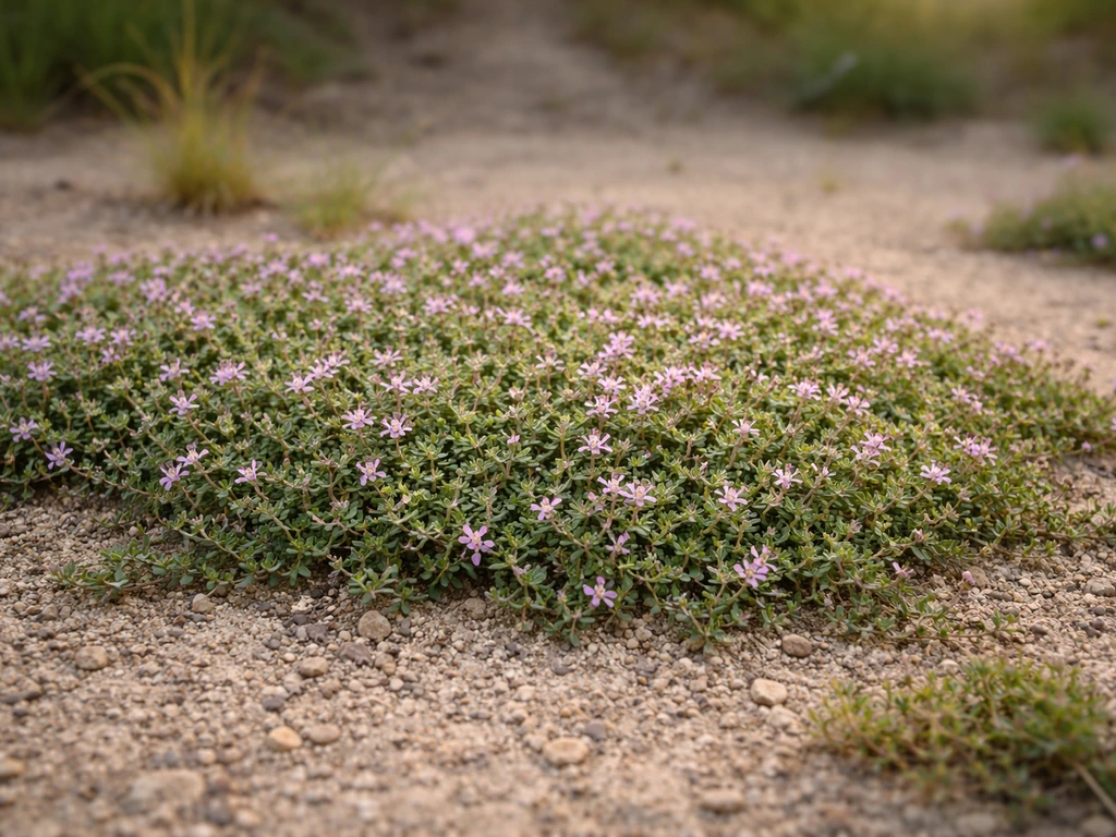 Tapis de thym serpolet rampant sur sol maigre, avec petites fleurs rosées/violettes visibles.