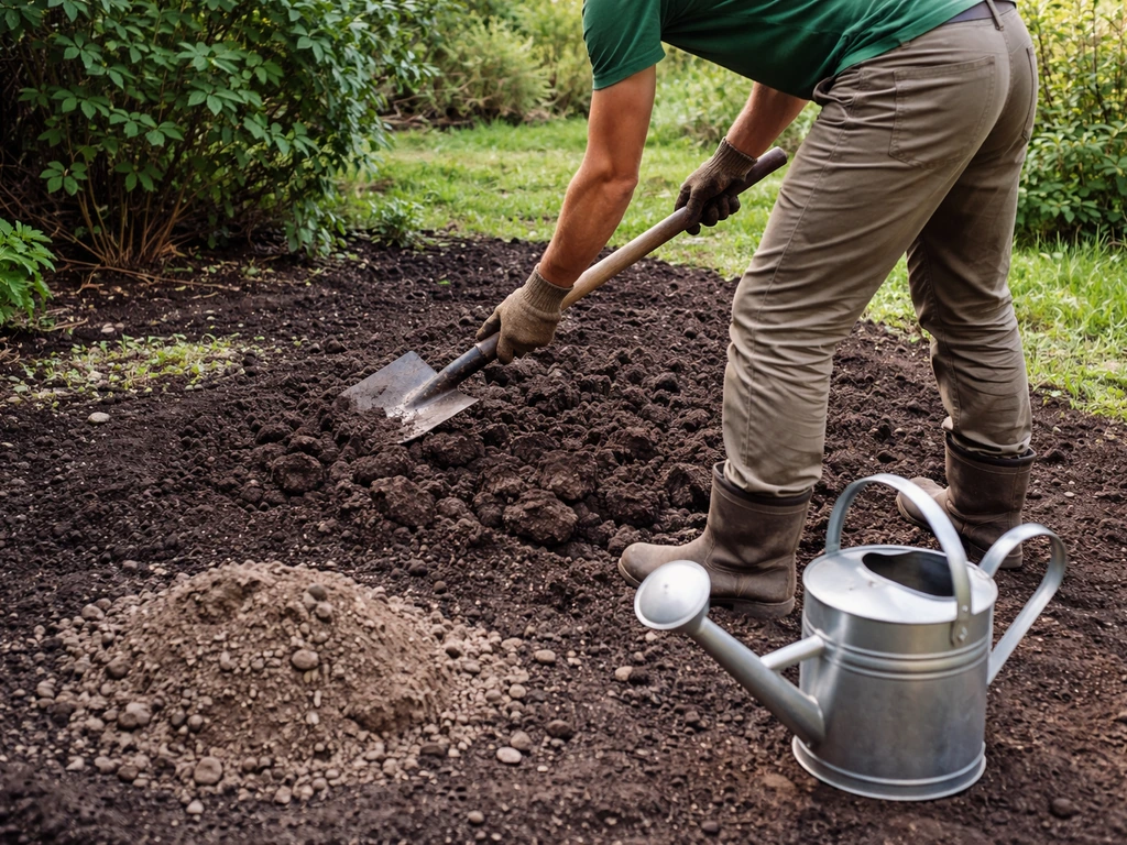 Un jardinier anonyme décompacte la terre et ajoute du gravier pour améliorer le drainage avant de planter.