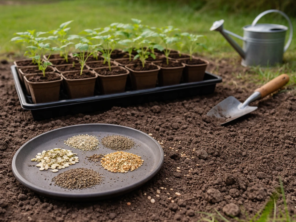Deux bacs de jardin : graines au premier plan et plants en godets prêts à être plantés en quadrillage