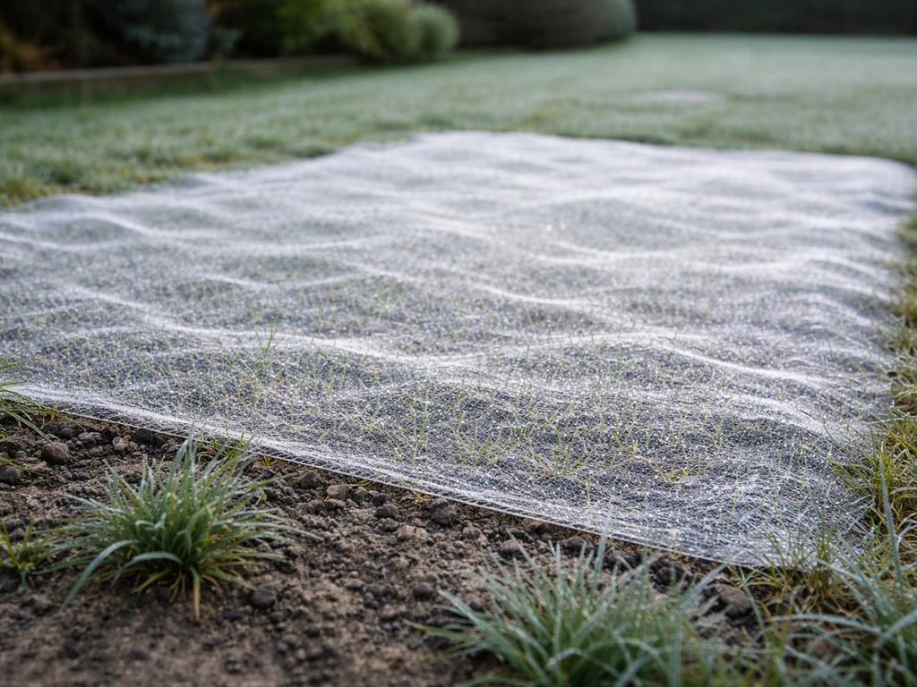 Pelouse fraîchement ressemée sous un léger voile, avec un givre discret en hiver.