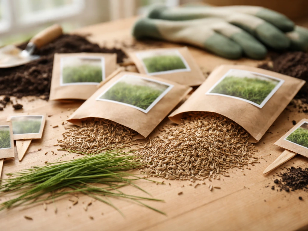Gros plan sur des sachets de graines et des grains de pelouse sur une table, ambiance saison froide.