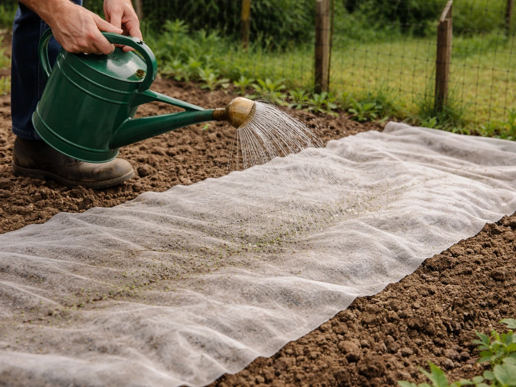 Arrosoir en action sur des semis couverts d’un voile de forçage, sans ruissellement dans le potager.