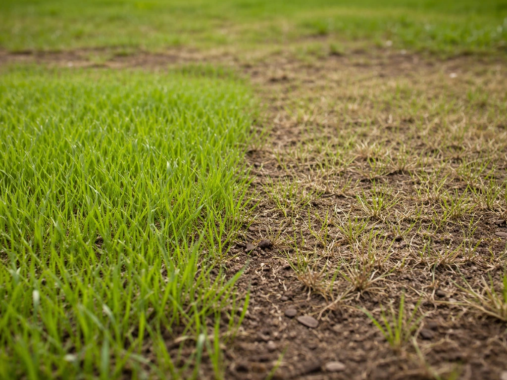 Deux zones de gazon contrastées : jeunes pousses vertes denses à côté d’une zone plus clairsemée après stress.