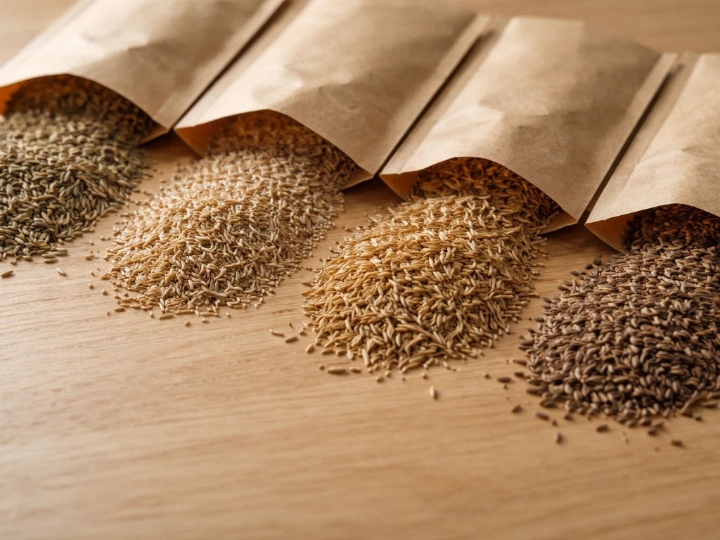 Gros plan sur des sachets kraft ouverts et des graines de graminées différentes sur une table en bois