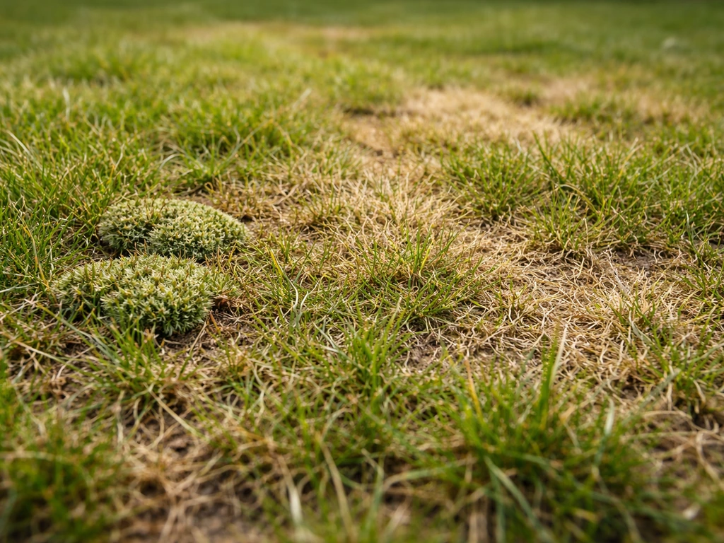 Gros plan d’une pelouse avec mousse, zones jaunies et herbe clairsemée, lumière naturelle.