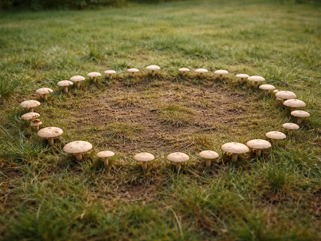Ronds de fées sur une pelouse : champignons en cercle et zones d’herbe brunies autour.