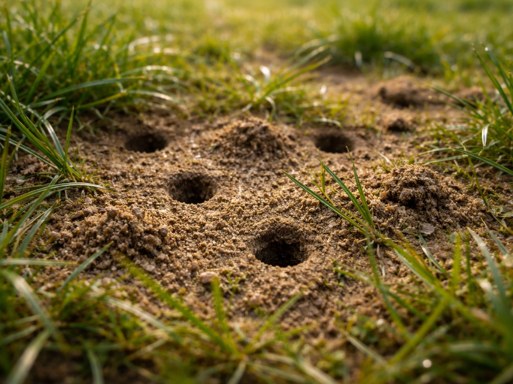 Gros plan au ras du sol montrant de petits trous et des turricules de vers de terre dans le gazon.