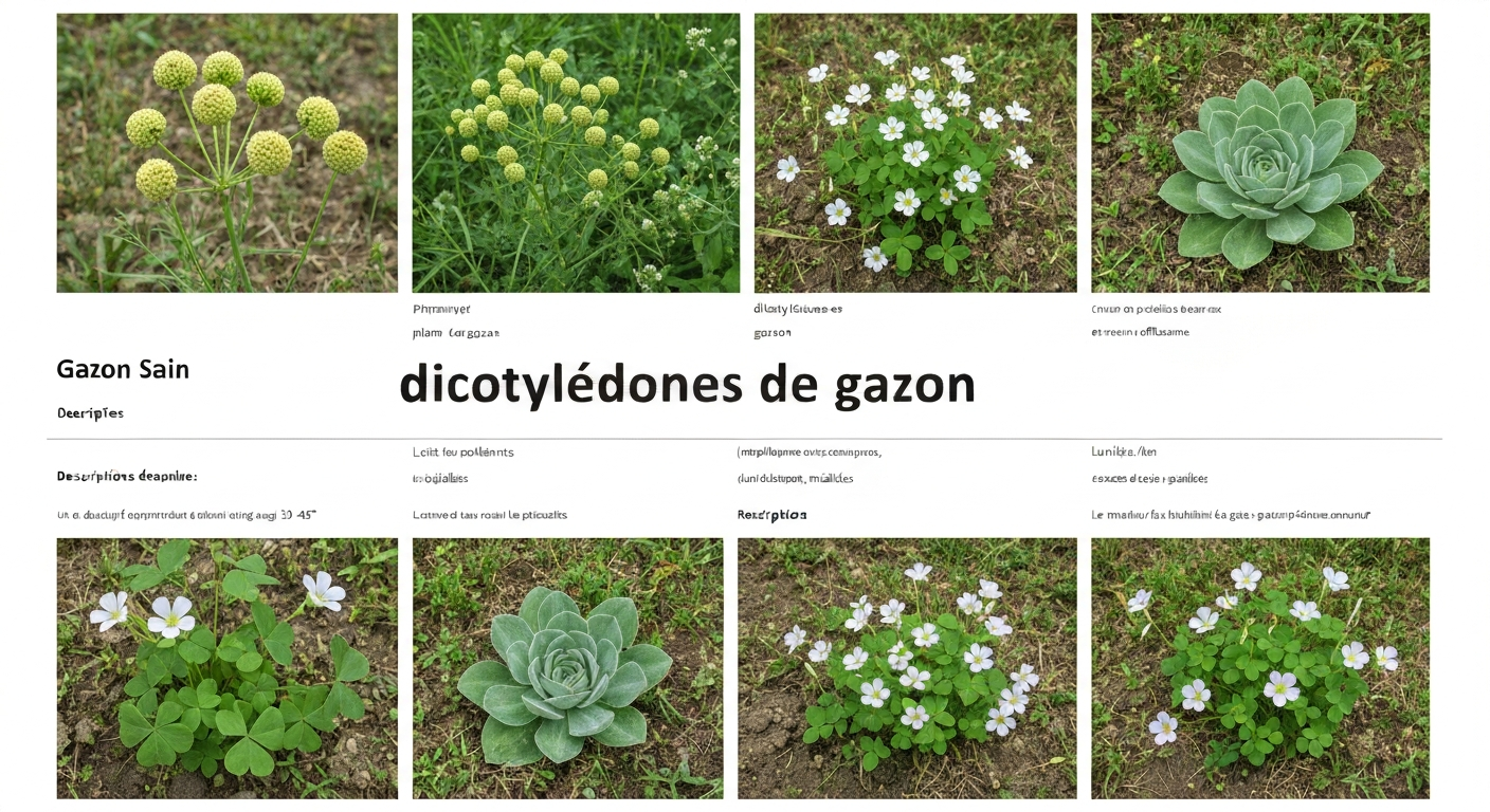 Pelouse française montrant un mélange de dicotylédones (pissenlit, plantain, trèfle, oxalis, lierre terrestre, pâquerettes) parmi le gazon.