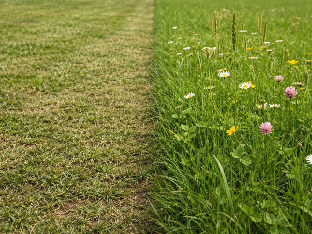 Comparaison de deux sections de pelouse : tonte trop rase stressée à gauche, pelouse fleurie plus haute et saine à droit