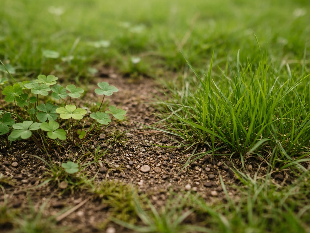 Pelouse avec quelques plants d’oxalis à feuilles en forme de trèfle face à des brins d’herbe graminée.