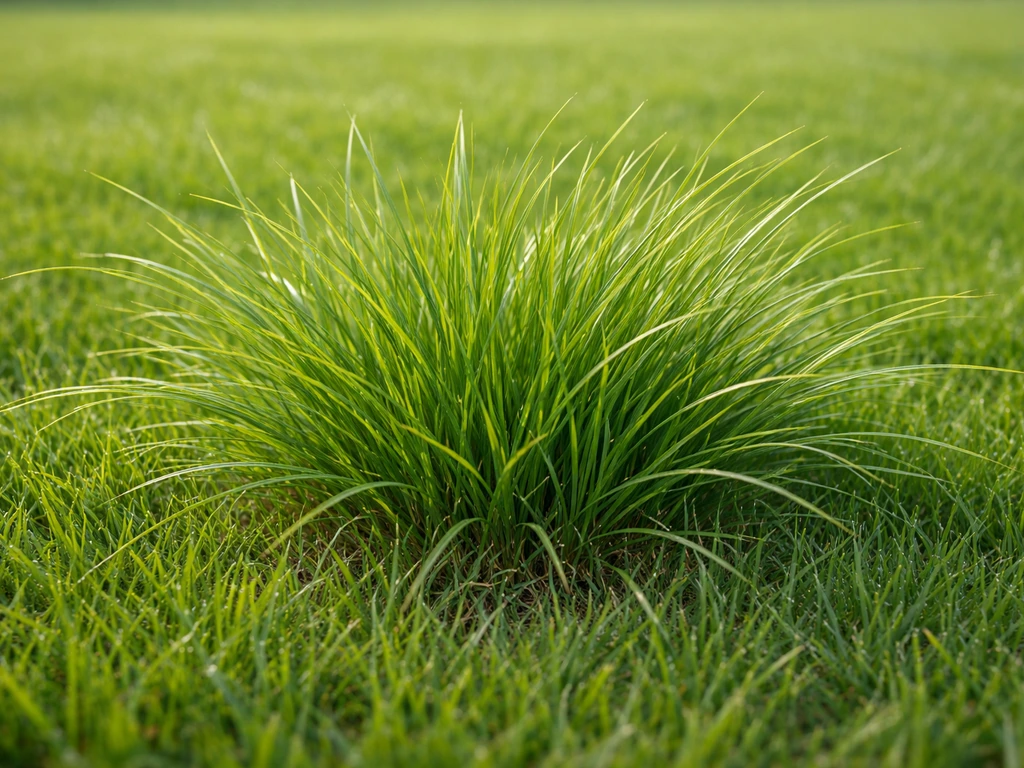 Gros plan sur des brins de Lolium perenne denses et fins, dans une pelouse verte et résistante au piétinement.