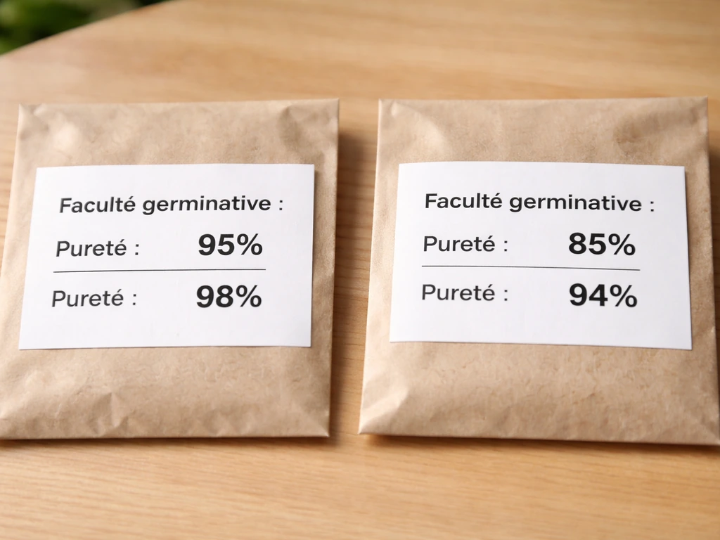 Gros plan de deux sachets de semences, chiffres de faculté germinative et pureté clairement visibles sur les étiquettes.