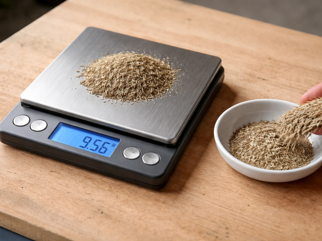 Vue au-dessus d’une balance de précision posant une poignée de graines de graminées avec dose en g/m²