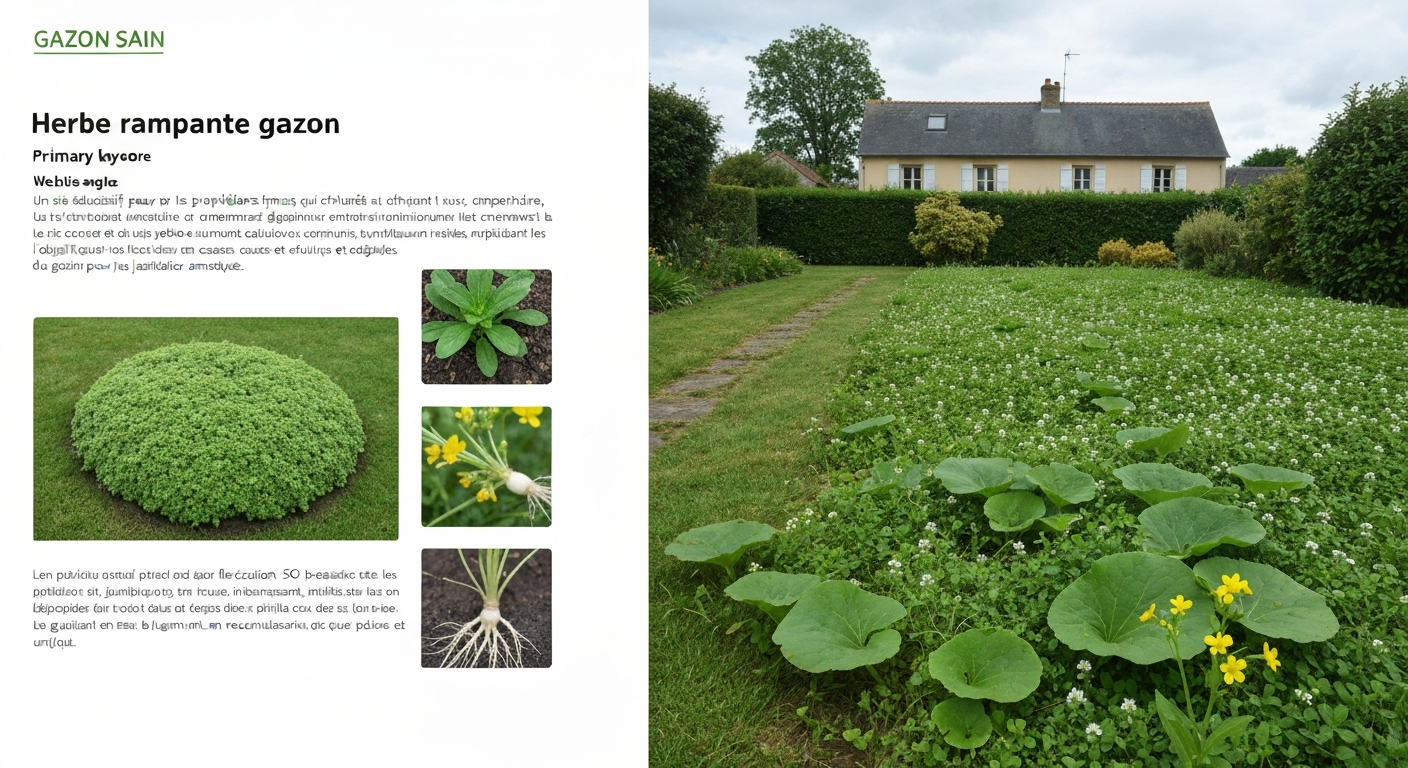 Comparatif pelouse saine (gauche) et pelouse envahie par herbes rampantes (droite) avec vignettes montrant stolon, rhizome et fleur de potentille.