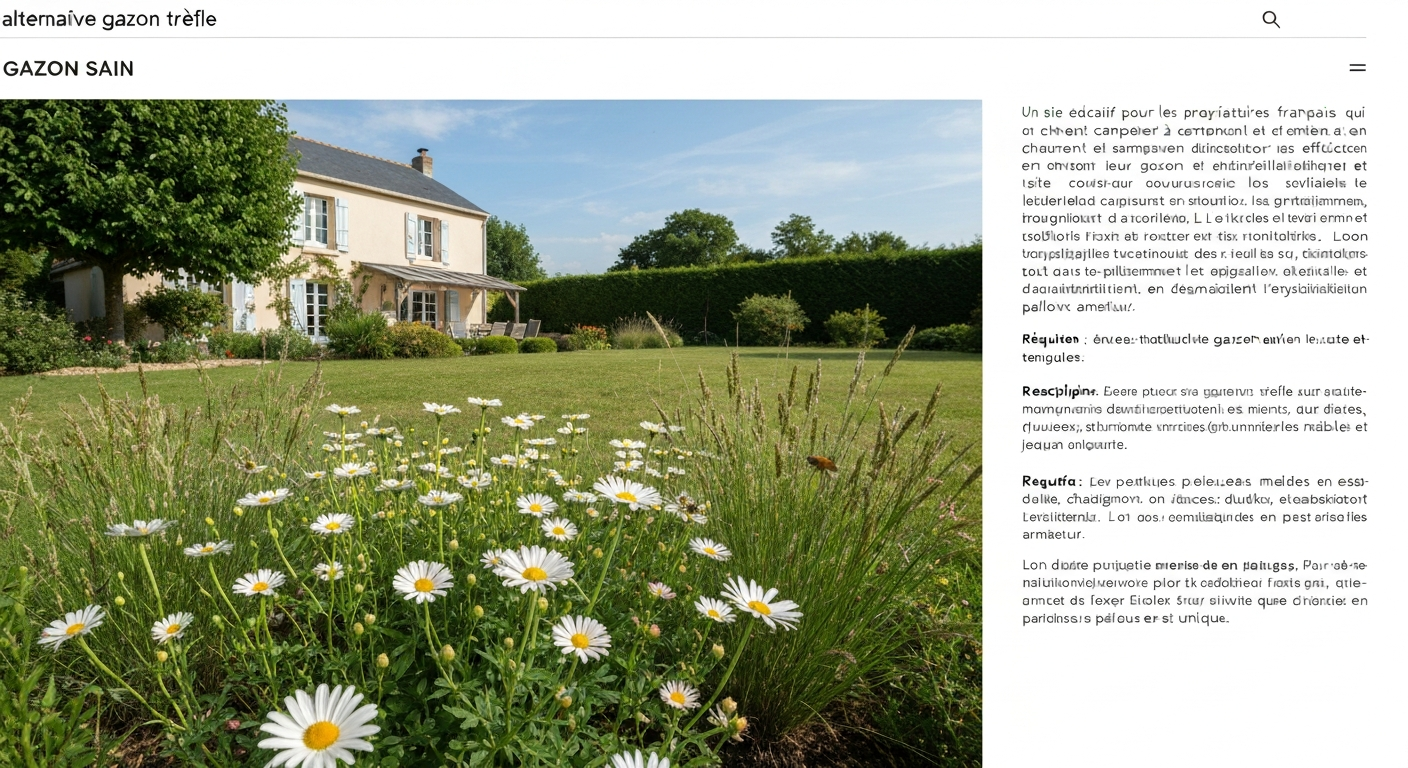 Pelouse française mélangée micro-trèfle et gazon avec fleurs de trèfle et abeille en vol.