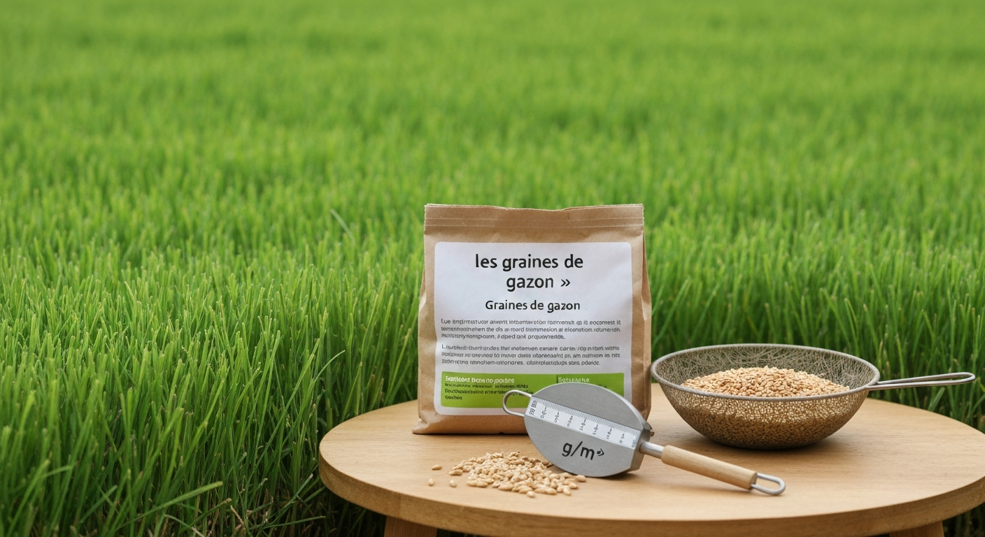 Gros plan d'une pelouse verte avec sachet ouvert de graines de gazon, cuillère doseuse et outil de jardinage sur une table en bois.