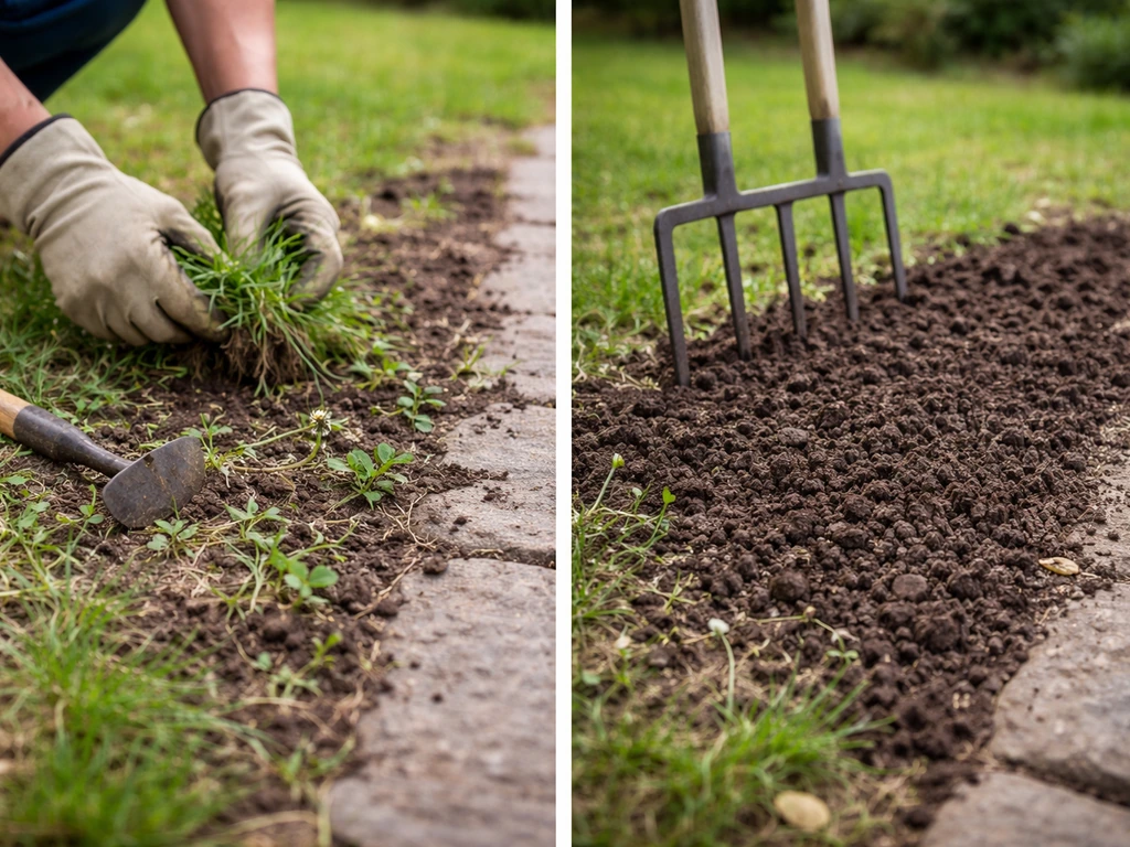 Jardinier désherbant au pied d’une allée, puis ameublissant le sol avec une grelinette, herbes enlevées