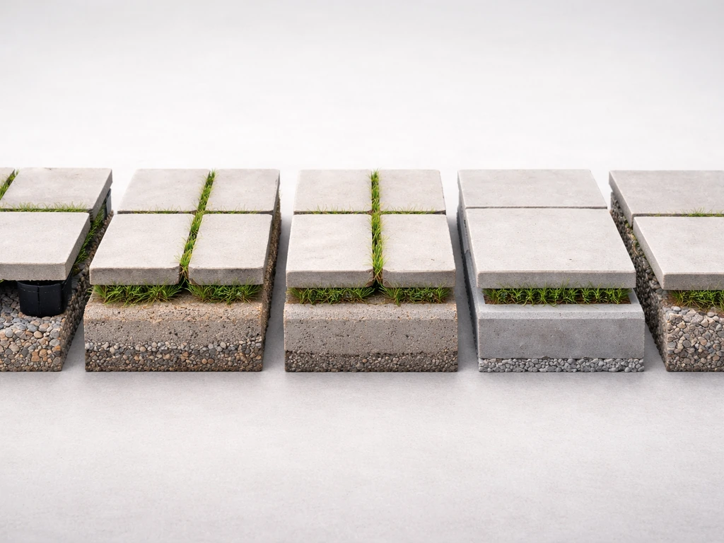 Terrasse extérieure minimale montrant cinq configurations de dalles et joints enherbés, vue comparative sans texte.