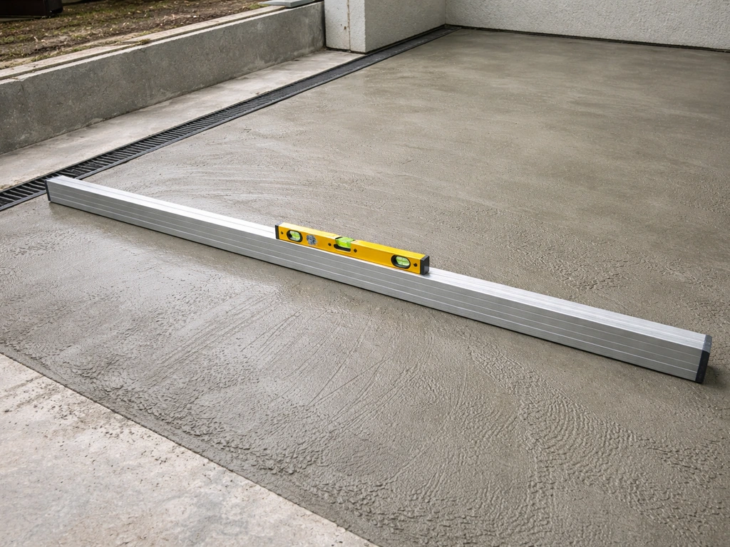 Terrasse en préparation : niveau posé sur une règle et repères de pente vers un exutoire au bord.