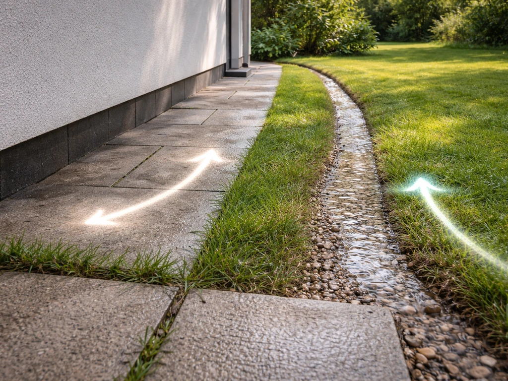 Sol en pente près d’une façade, eau s’écoulant vers l’extérieur avec un joint enherbé visible, angle minimal