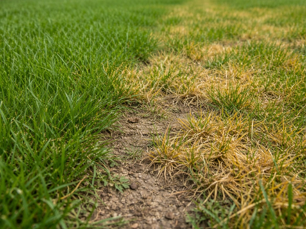 Jeune gazon vert et zones jaunies distinctes, bordure saine en premier plan, vue proche en extérieur.