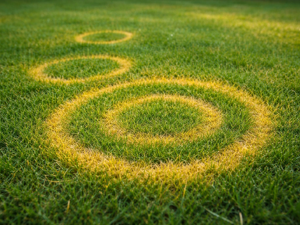 Gazon jeune avec taches jaunes en cercles et bordures nettes, vue rapprochée et contrastée.
