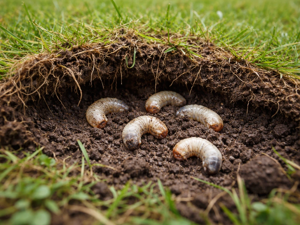 Larves blanches sous une couche d’herbe arrachée, racines abîmées et sol humide visibles.