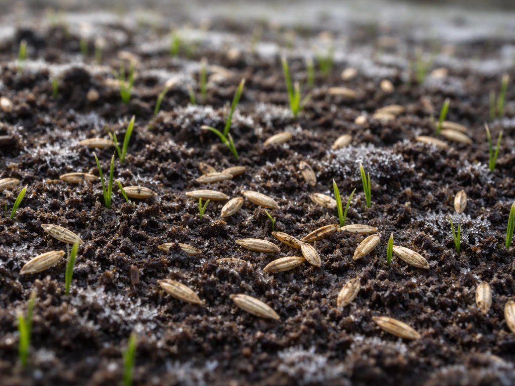 Gros plan d’une pelouse semée en hiver : graines visibles dans un sol avec traces de gel léger.