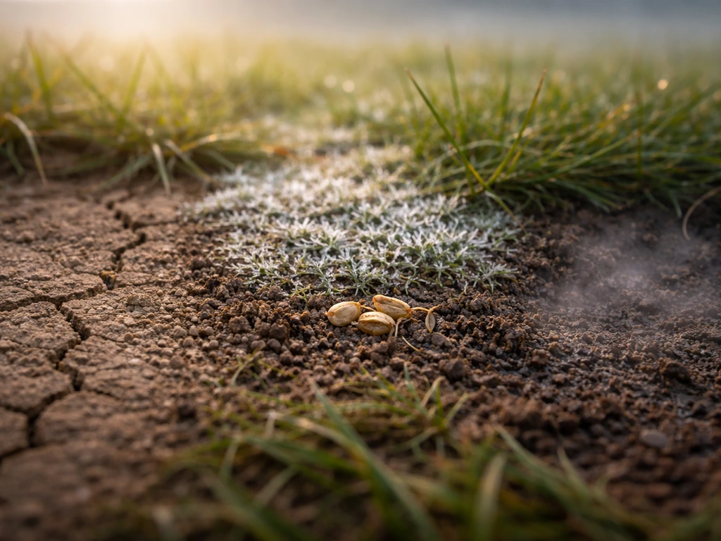 Gros plan du sol de pelouse : terre sèche, petite zone gelée et sol trop froid, absence de levée suggérée.
