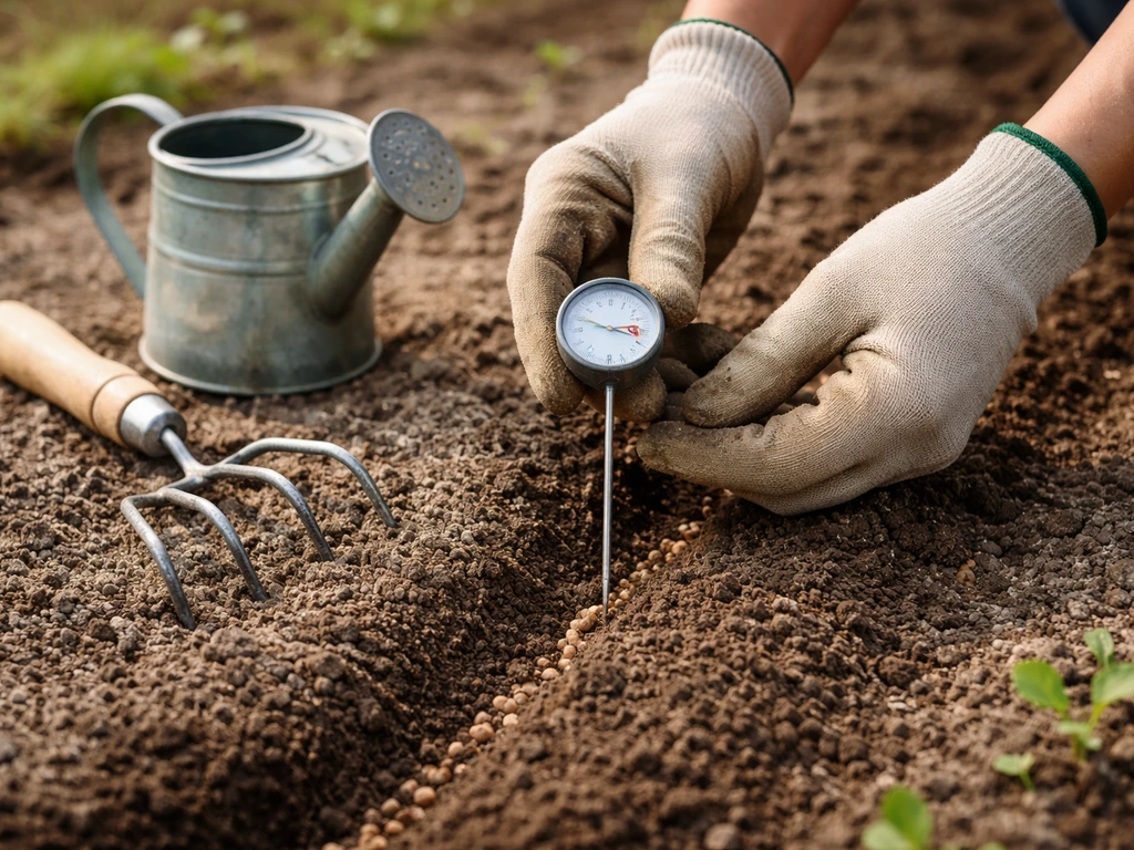 Mains gantées mesurant la température du sol près des graines, avec griffe et arrosoir à côté.