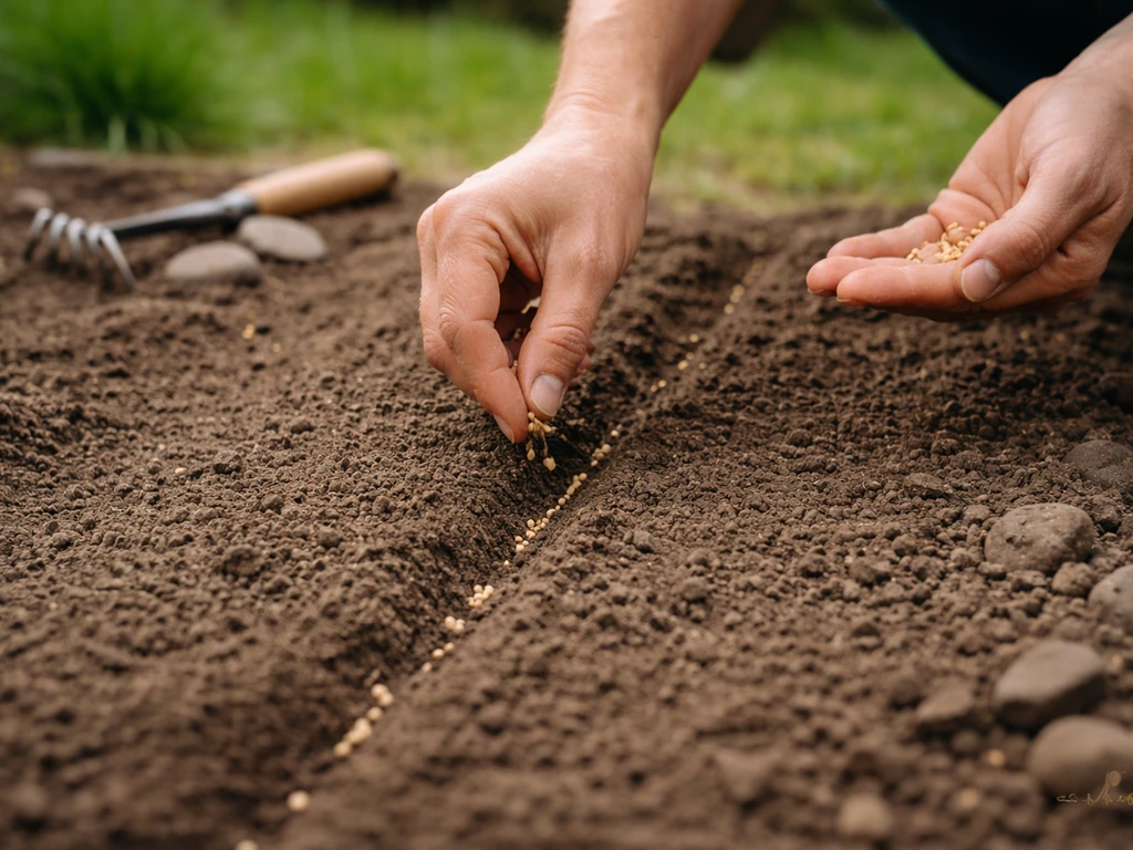 Potager au sol fin ratissé, petits cailloux retirés et graines déposées à la bonne profondeur.