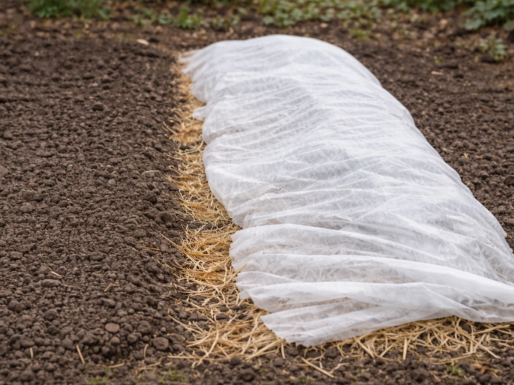 Voile d’hivernage non-tissé sur des graines, avec un léger paillage de paille à côté d’un semis non protégé.