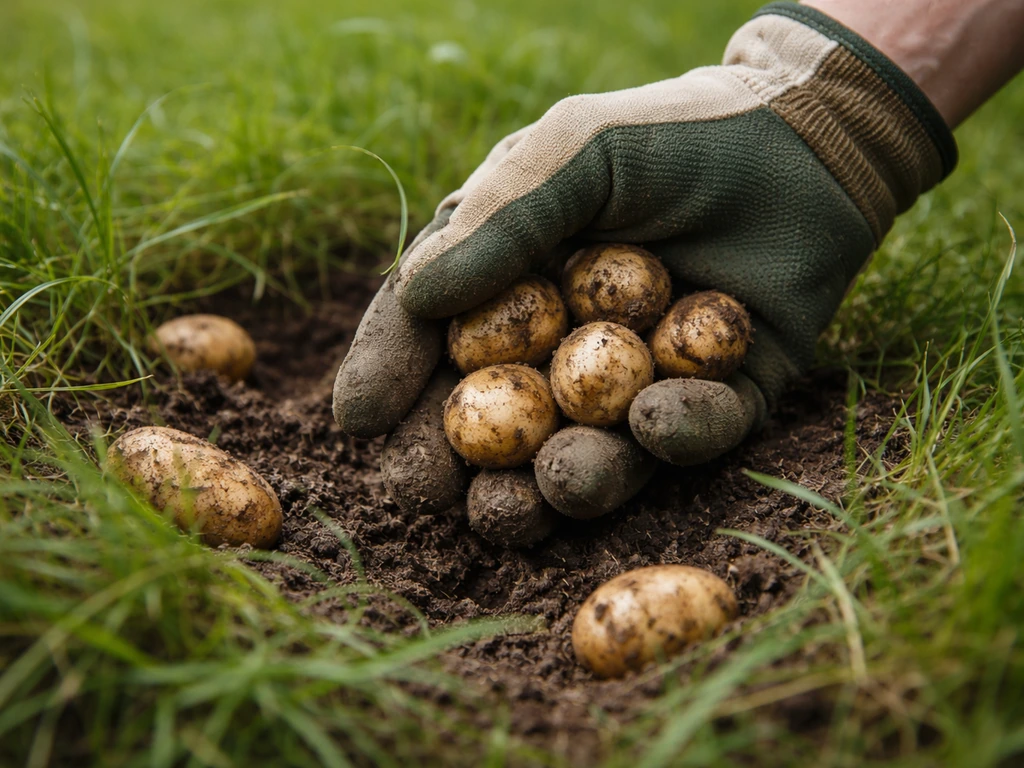 Pommes de terre et fragments de tubercules visibles dans l’herbe, mains gantées en train de les ramasser