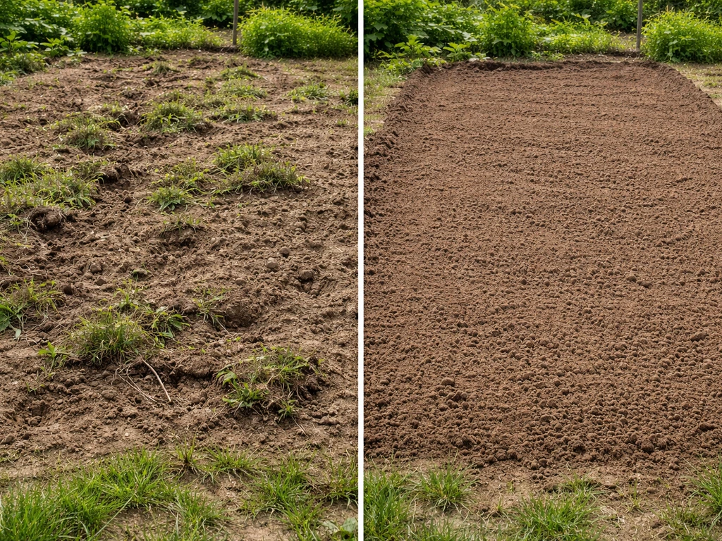 Avant/après d’un potager : sol découvert et herbe arrachée à gauche, sol râtissé prêt à resemer à droite.