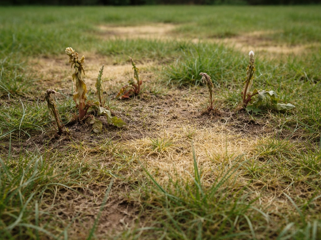 Gazon abîmé avec plusieurs tiges de plantes anormales et zones dénudées, ambiance d’alerte pour s’inquiéter.