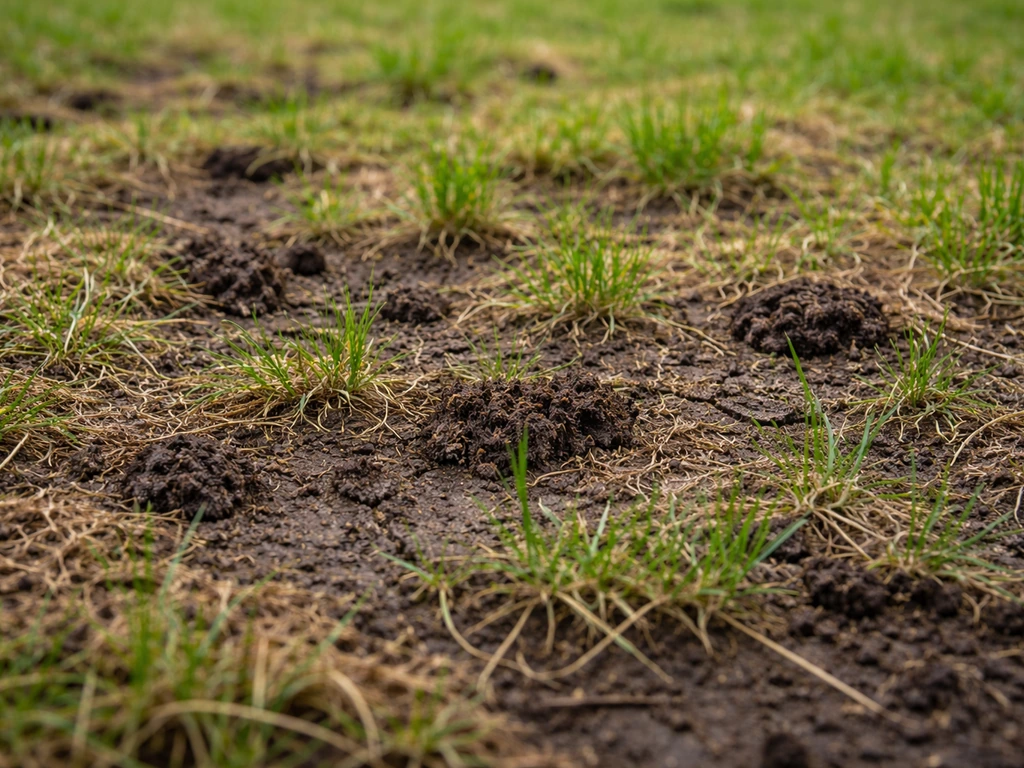 Pelouse clairsemée après l’hiver avec sol sombre et terreau visible entre les brins d’herbe.