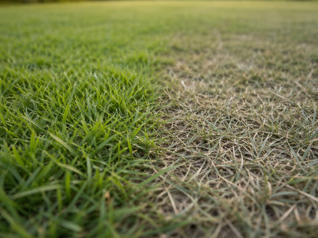 Pelouse de bermuda verte vs zones vert grisâtre/bleuté, herbe sèche et cassante, photo minimaliste.