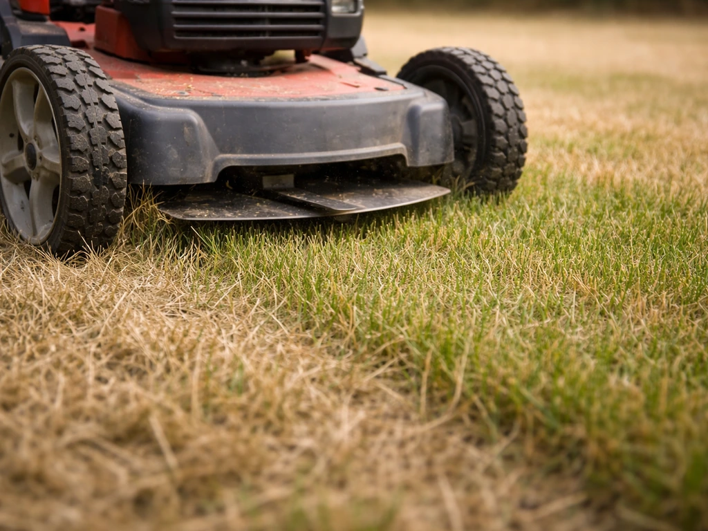 Gros plan sur la zone de coupe d’une tondeuse, herbe coupée à 4–5 cm, pelouse légèrement sèche.