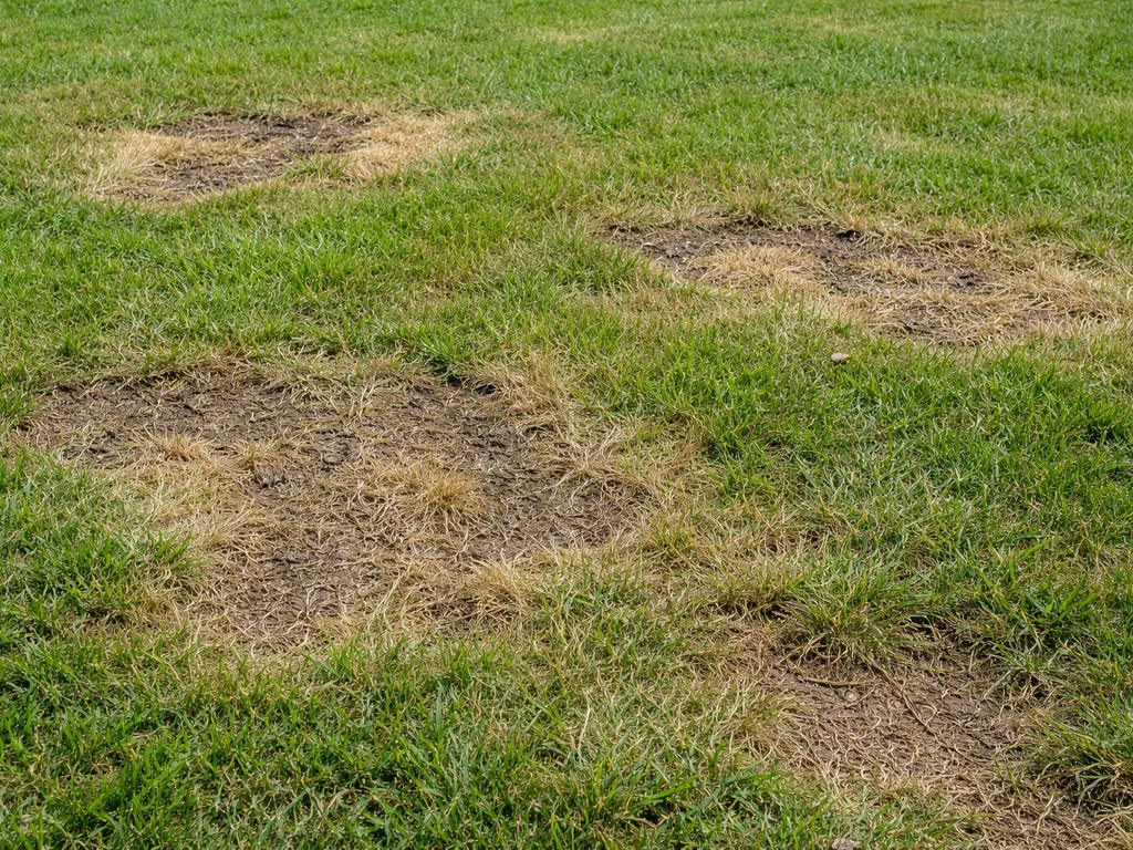 Pelouse française avec plaques irrégulières jaunies et brunies, sol visible près des zones touchées par la noctuelle gaz