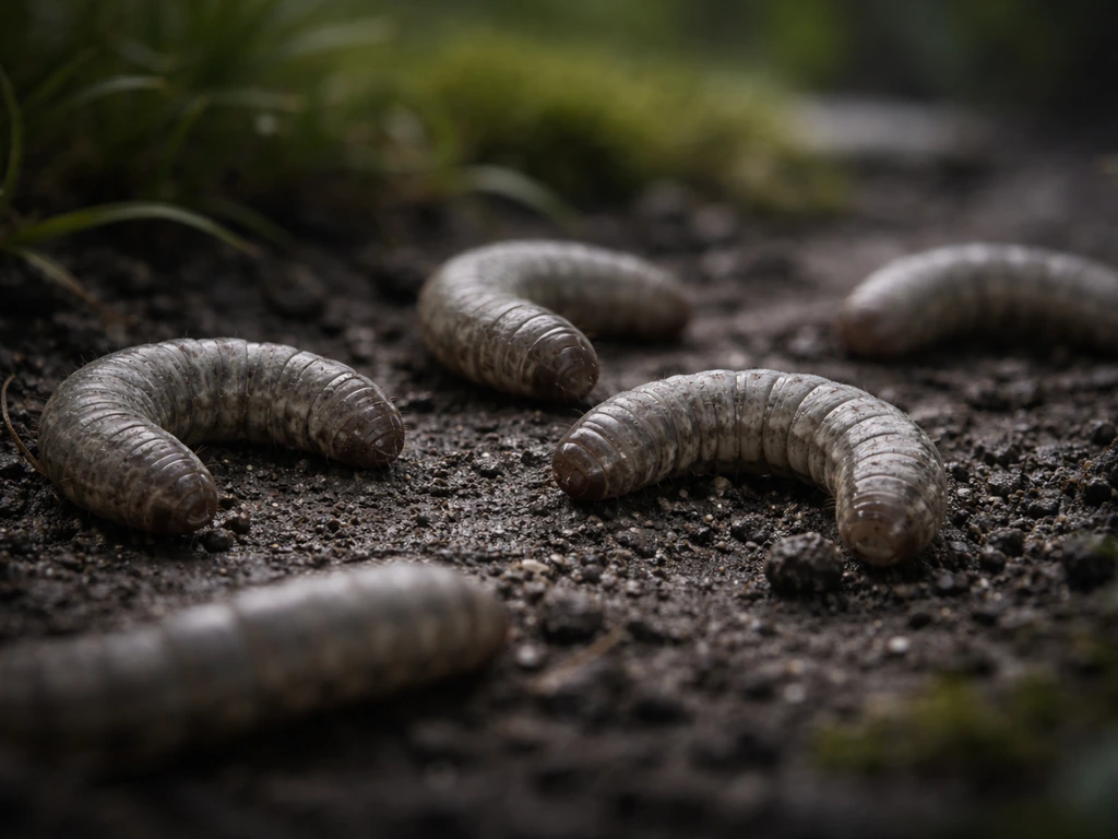 Larves grises de la noctuelle du gazon sur sol humide, gros plan pour observer leur aspect