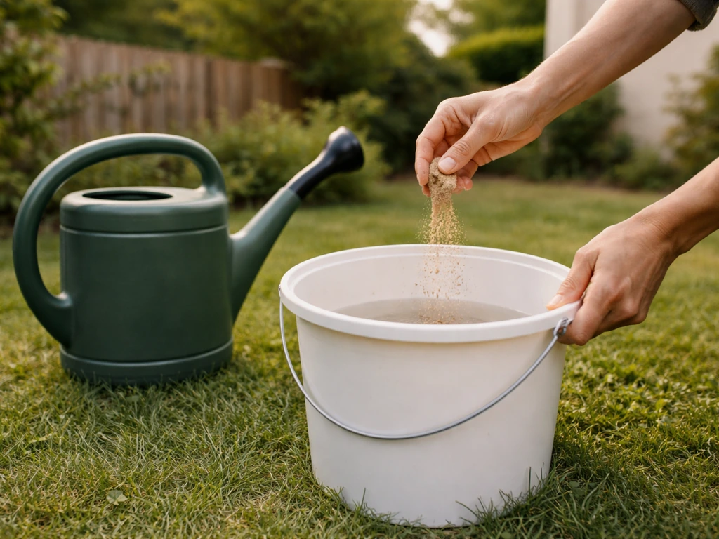 Mains versant des nématodes dans un seau près d’un arrosoir sur une pelouse, jardin humide.