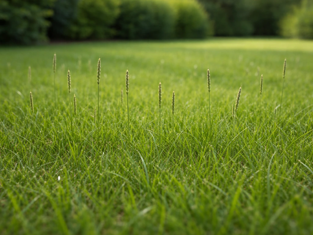 Pelouse qui fleurit : épis distincts et tiges plus hautes au milieu d’une herbe verte uniforme.
