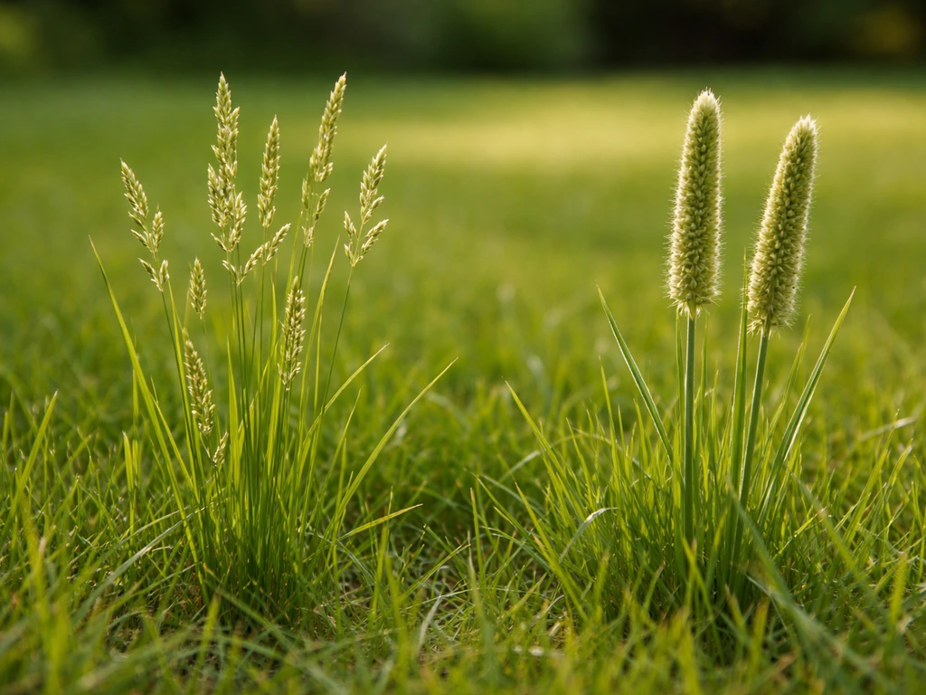 Pelouse avec deux touffes de graminées en fleurs, montrant ray-grass et vulpin côte à côte.