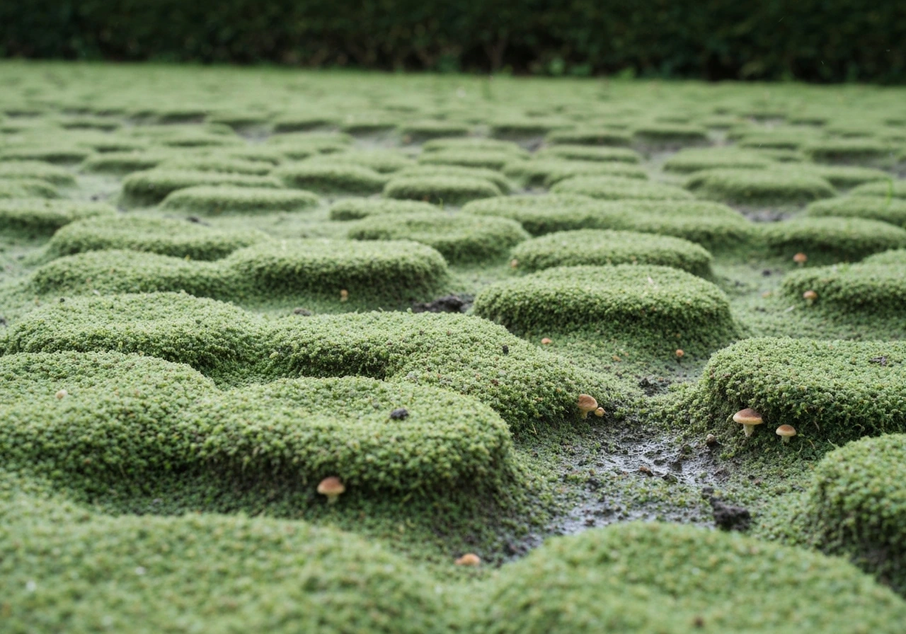 Mousse visible entre les brins d’herbe, sol humide et compact en arrière-plan, sur une pelouse.