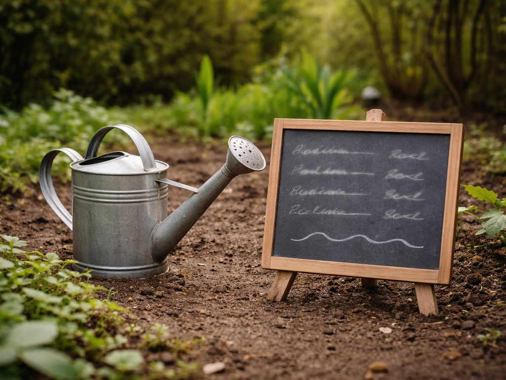 Petit jardin avec un arrosoir et une ardoise mémo indiquant des repères de saison pour l’arrosage