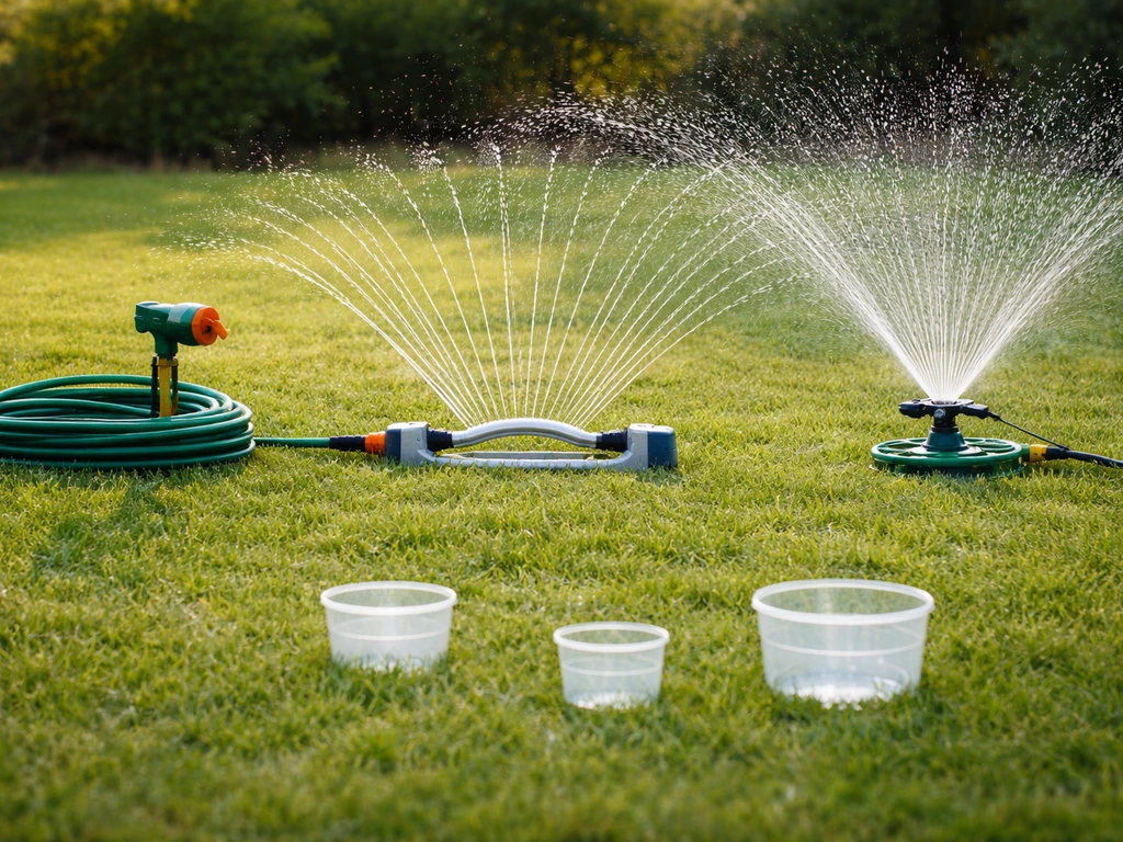Pelouse avec tuyau manuel, arroseur oscillant et rotatif projetant de l’eau, récipients à différentes distances.