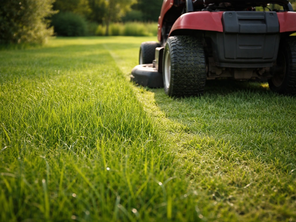 Pelouse d’été plus haute avec une tondeuse au premier plan, herbe ombragée pour réduire l’évaporation.