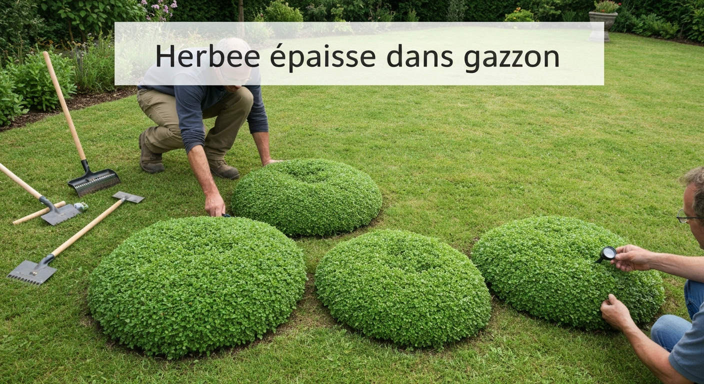 Pelouse domestique montrant une touffe d'herbe épaisse au premier plan et un gazon plus fin autour, personne agenouillée examinant la base des touffes avec des outils de jardin à proximité.